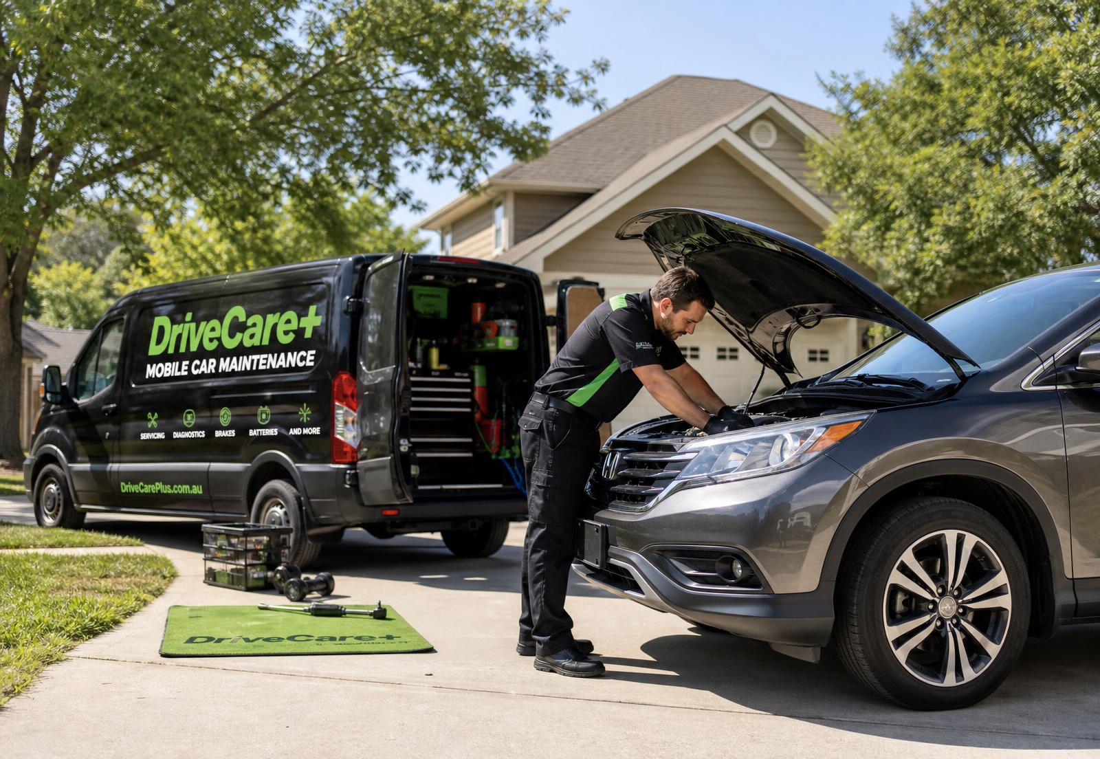 DriveCare+ technician servicing a vehicle in a home driveway